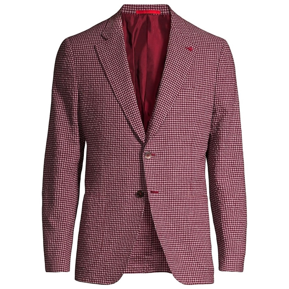 ISAIA Seersucker Wool, Linen & Silk-blend Check Jacket In Burgundy